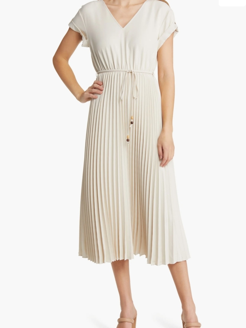 Zoe And Claire V-Neck Pleated Midi Dress in Cream